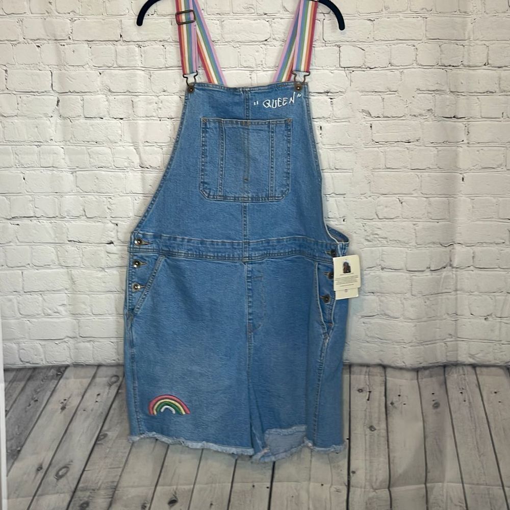Take Pride Jean Overalls Frayed hem Rainbow suspenders size xxl